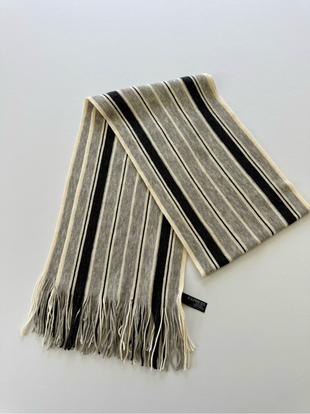 Express Striped Knit Scarf in Cream, Black & Gray